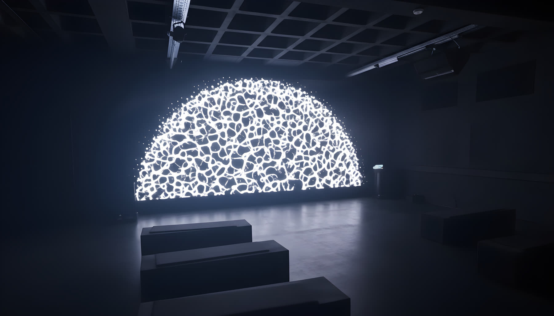 P61 Gallery — Hauptraum mit ikonischer LED-Lichtkomposition